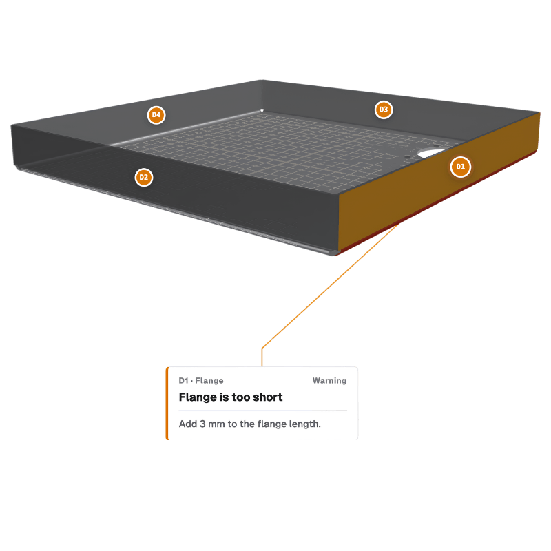 A sheet-metal body in the configurator with four DFM flags on it; the D1 flange is called out as too short, with the fix: add 3 mm to the flange length
